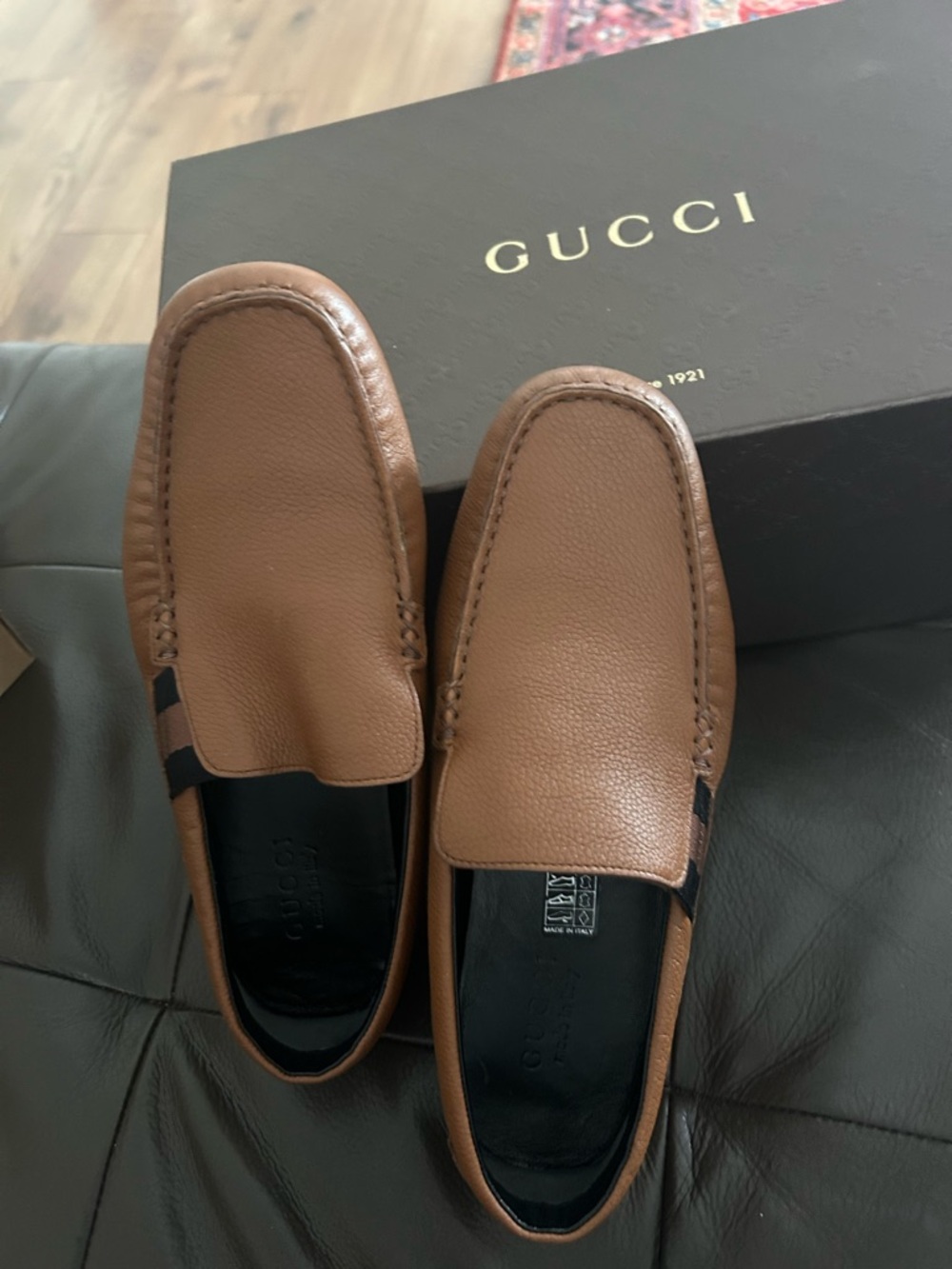 Gucci Brown Leather Slip-On Loafers with Black Accents